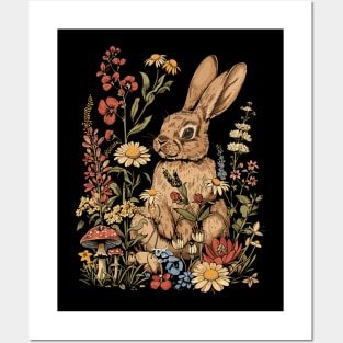 Cottagecore Rabbit Wild Mushroom Spring Flowers Fungus Garden Rabbit Lover Posters and Art